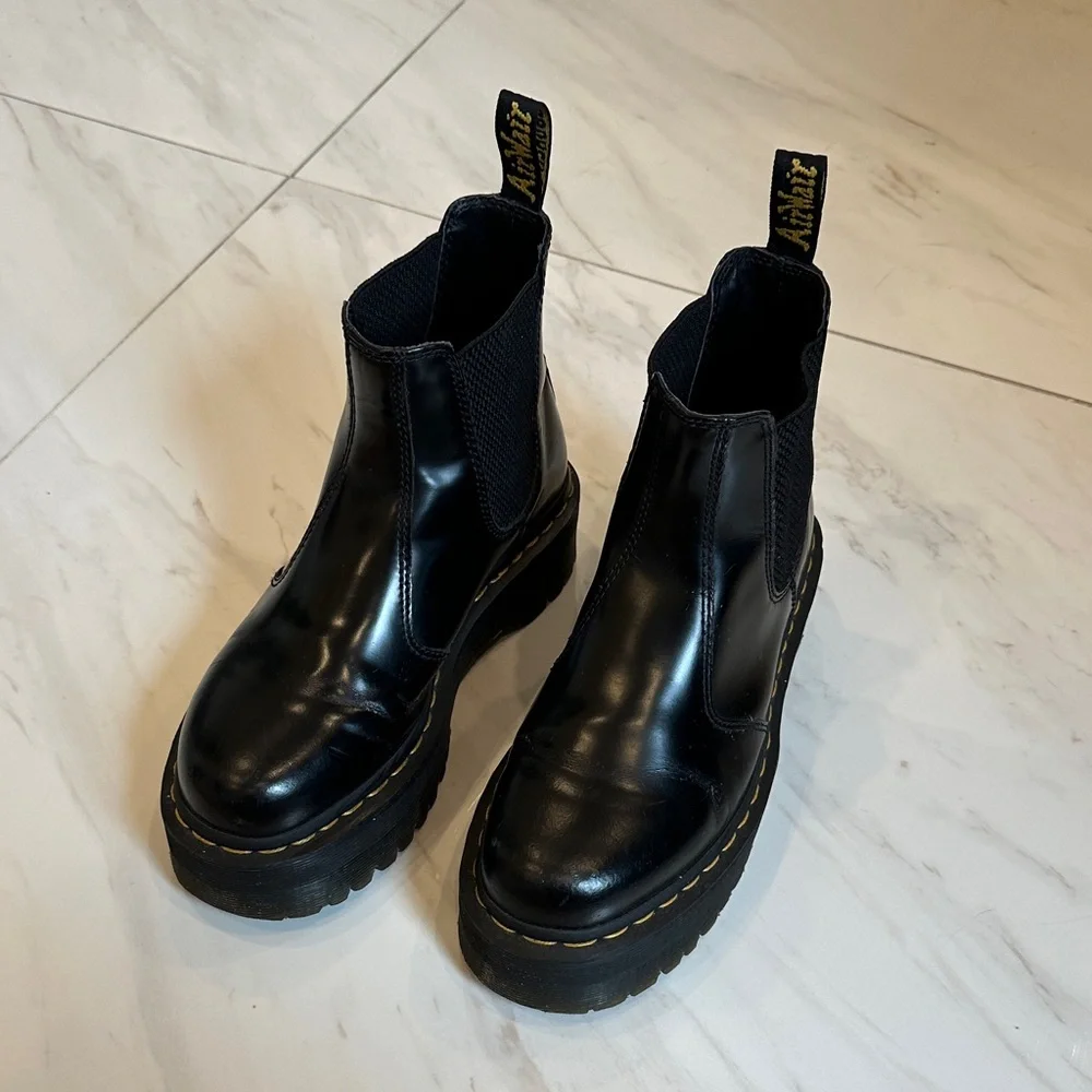 Dr. Martens Black Platform Chelsea Boots with Yellow Stitching - Picture 1 of 6
